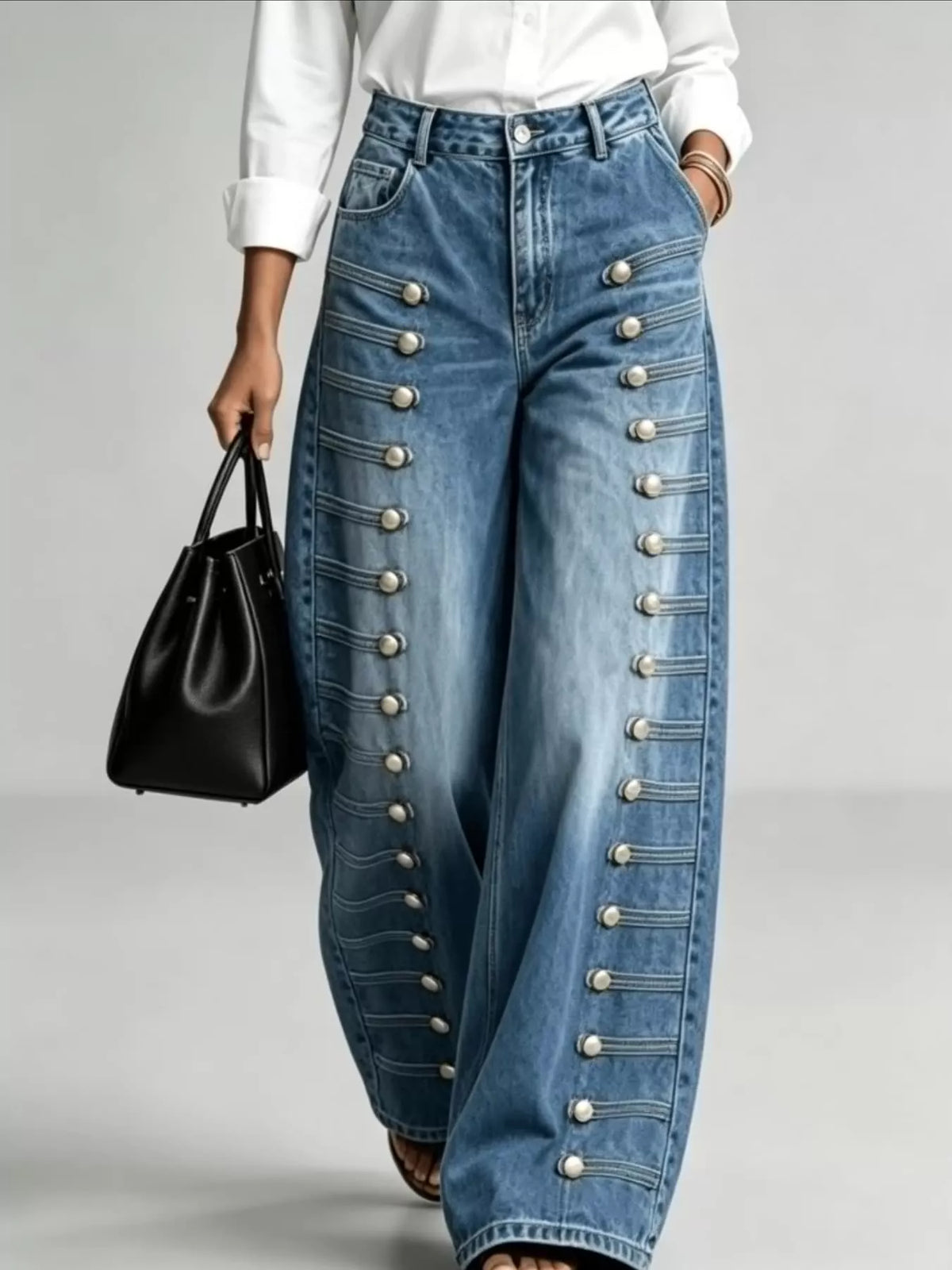 High-Waist Button Detail Wide-Leg Jeans in Dark Blue by Belle Bijouix – front view