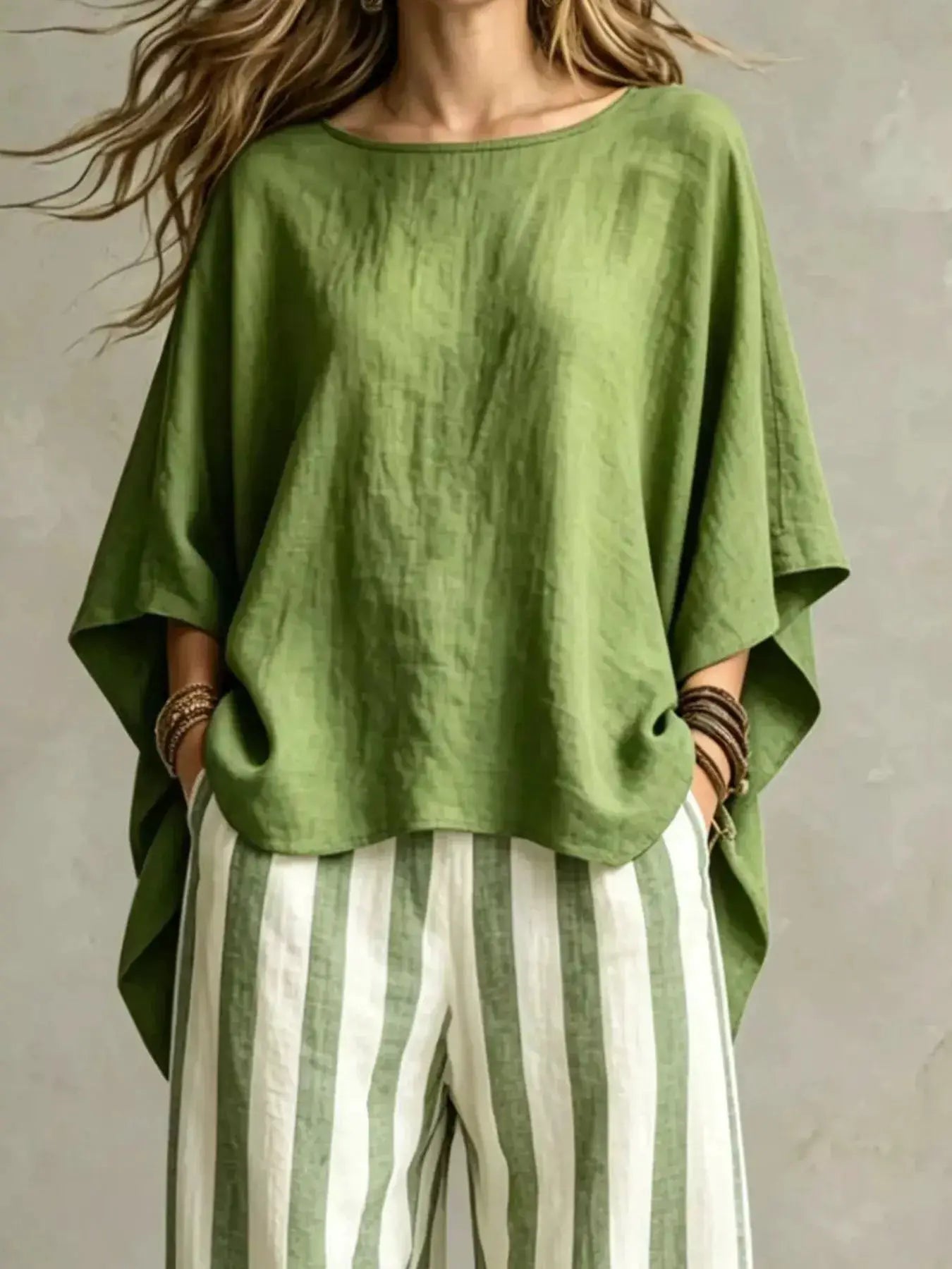 2-piece plus-size outfit set: solid green top with green-and-white striped pants by Belle Bijouix