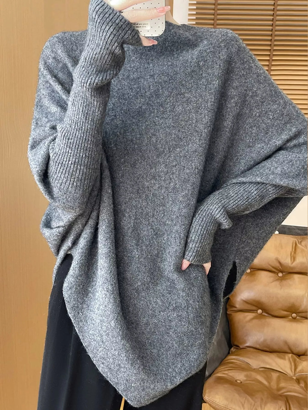 Oversized Asymmetric Wool Batwing Sweater in Dark Gray by Belle Bijouix – view 15 of 24