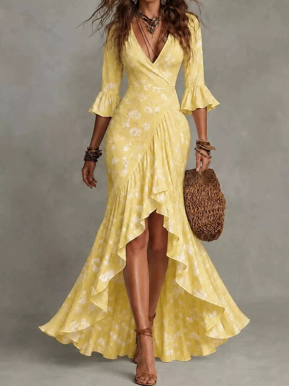 Floral Surplice High-Low Ruffle Maxi Dress in Yellow by Belle Bijouix – view 5 of 20
