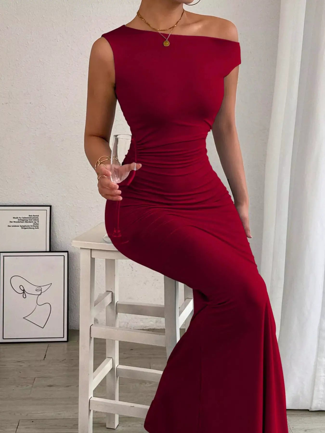 One-Shoulder Ruched Bodycon Maxi Dress in burgundy