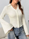 Button Up Flare Sleeve Shirt in cream ribbed knit with buttoned front, ruched detailing, and long bell sleeves.