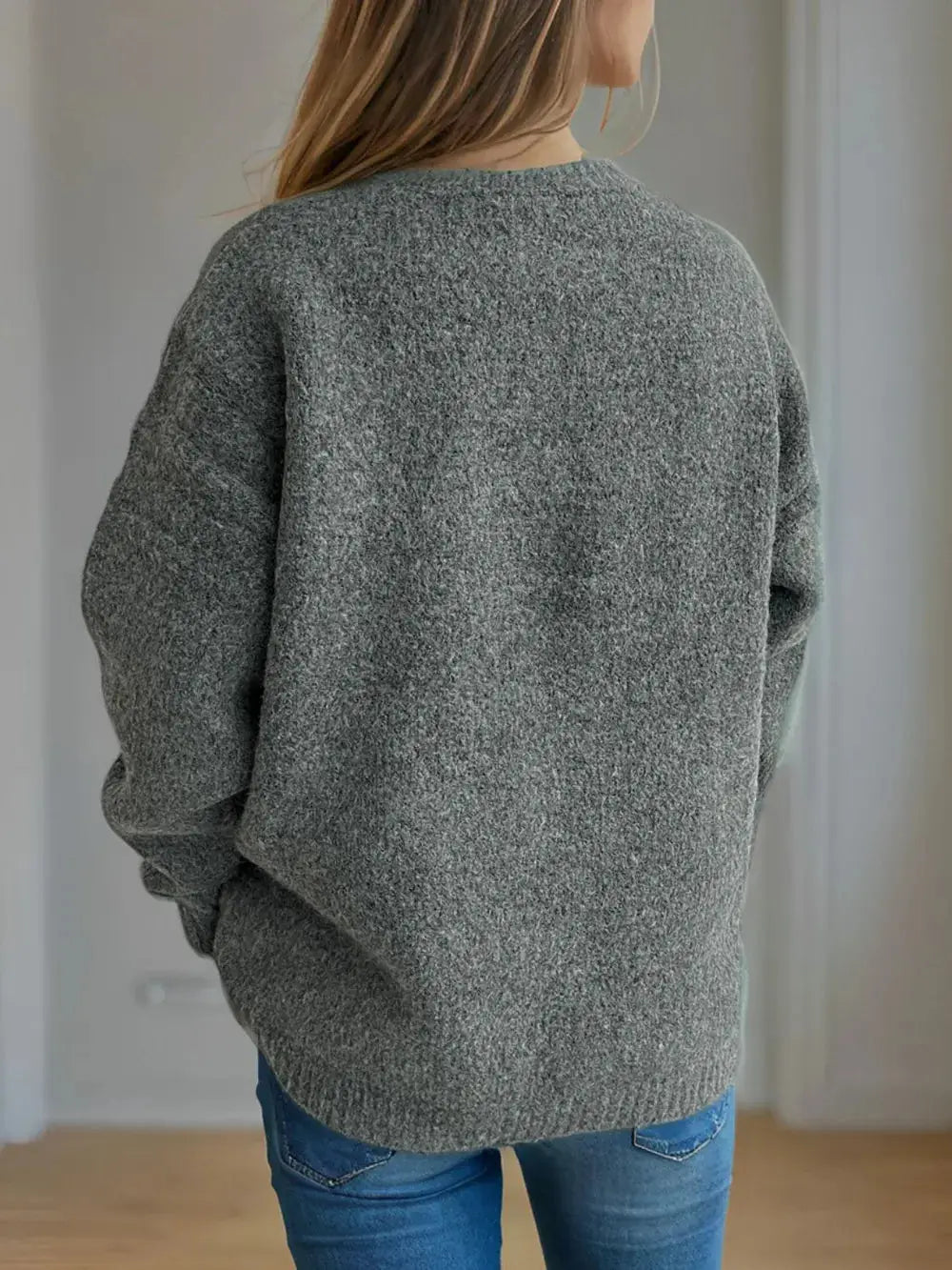 Cherry Round Neck Long Sleeve Sweater in gray knit, back view with relaxed fit and cozy textured fabric