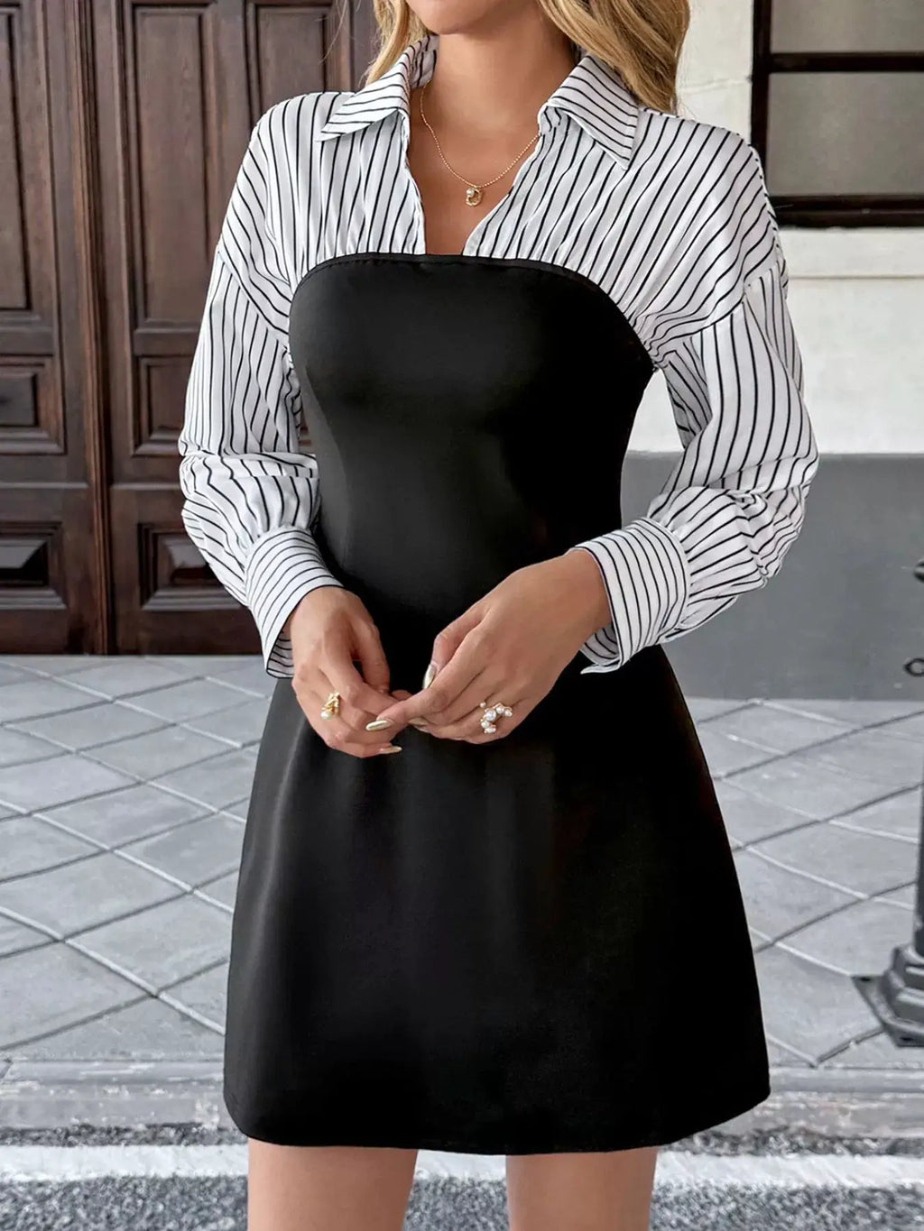 Striped shirt-panel bodycon mini dress by Belle Bijouix; black slip dress with white pinstripe shirt sleeves.