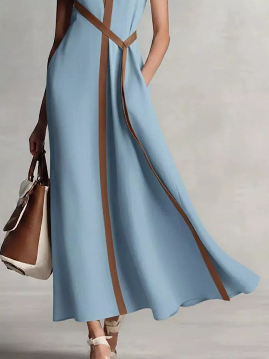 Full Size Contrast Trim Sleeveless Maxi Dress in blue with brown trim, plus size by Trendsi