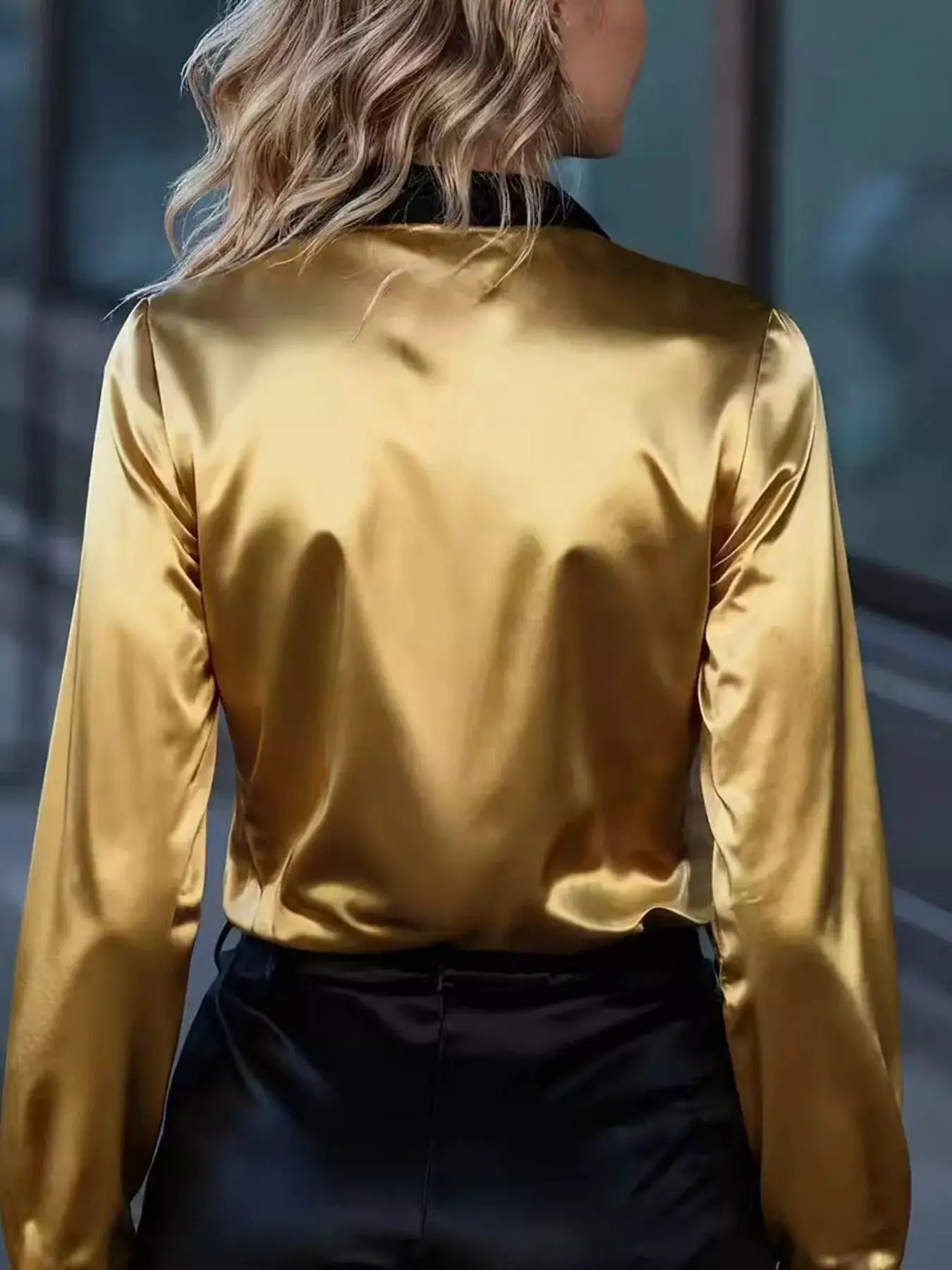 Button Up Long Sleeve Shirt, gold satin with black collar.