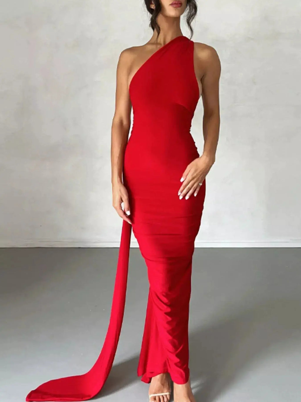 Backless One-Shoulder Ruched Bodycon Maxi Dress in red by Belle Bijouix