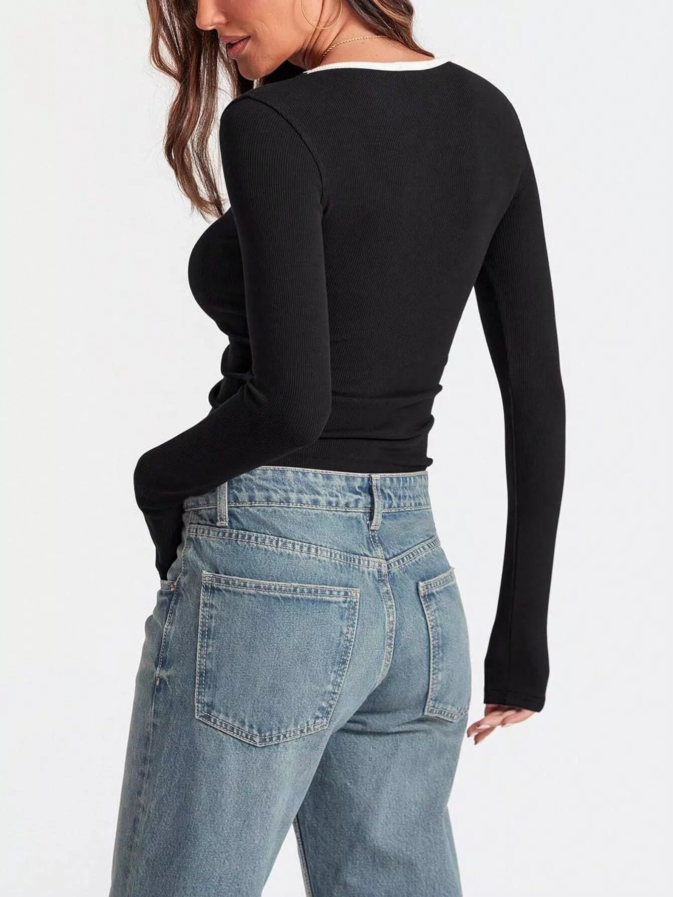 Scoop neck long sleeve T-shirt by Belle Bijouix in black ribbed knit