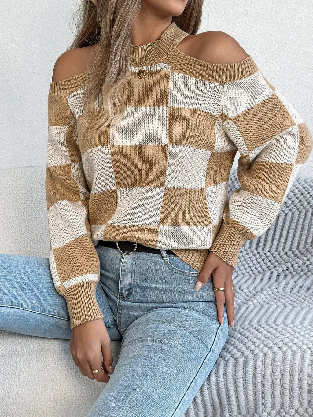 Top: Cold Shoulder Checkered Knit Sweater in tan and white; long sleeves
