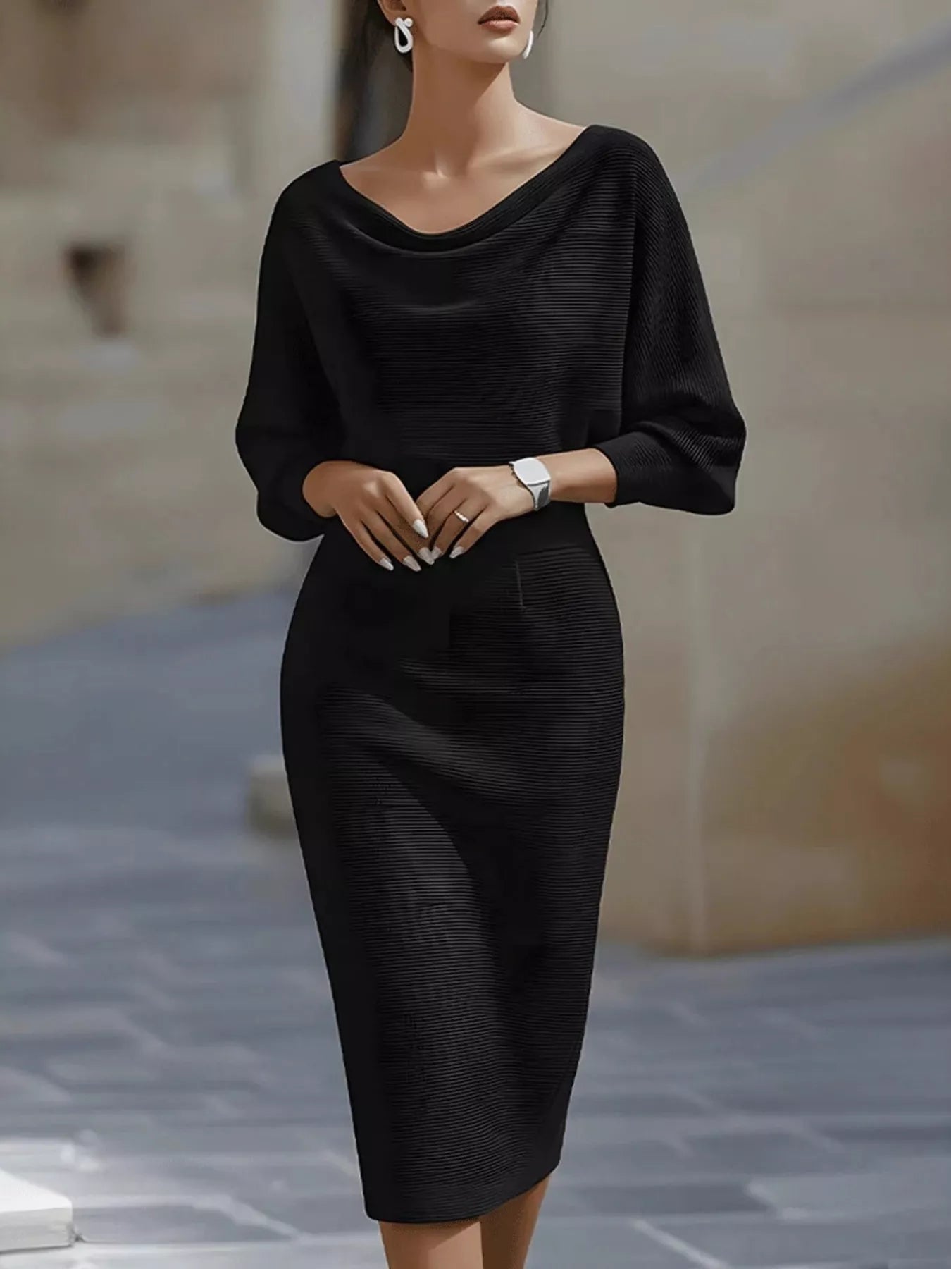 Cowl Neck Knit Bodycon Dress by Belle Bijouix, black ribbed knit with long sleeves.