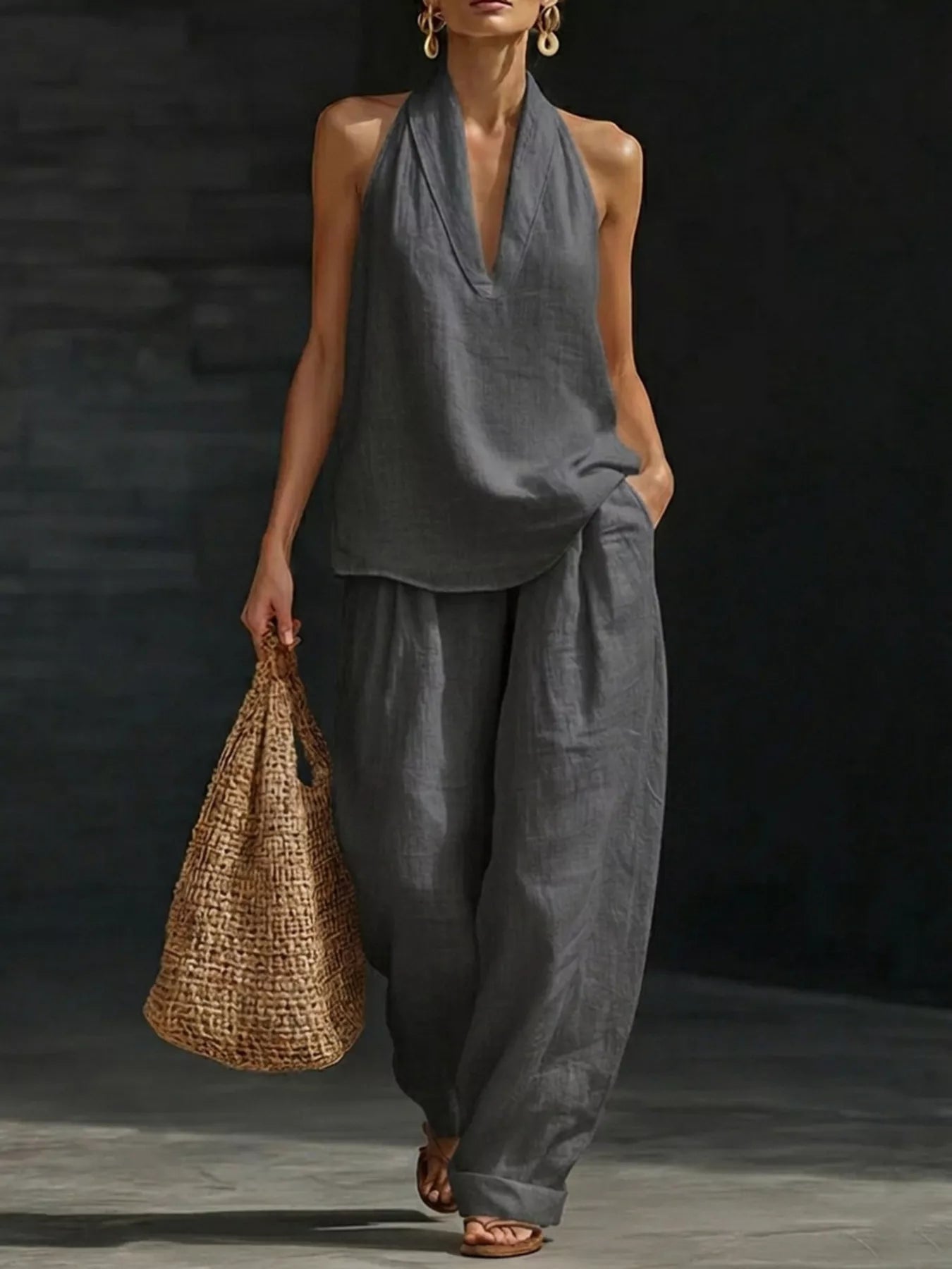 Full Size Halter Neck Top and Wide-Leg Pants Set by Trendsi in gray for plus size