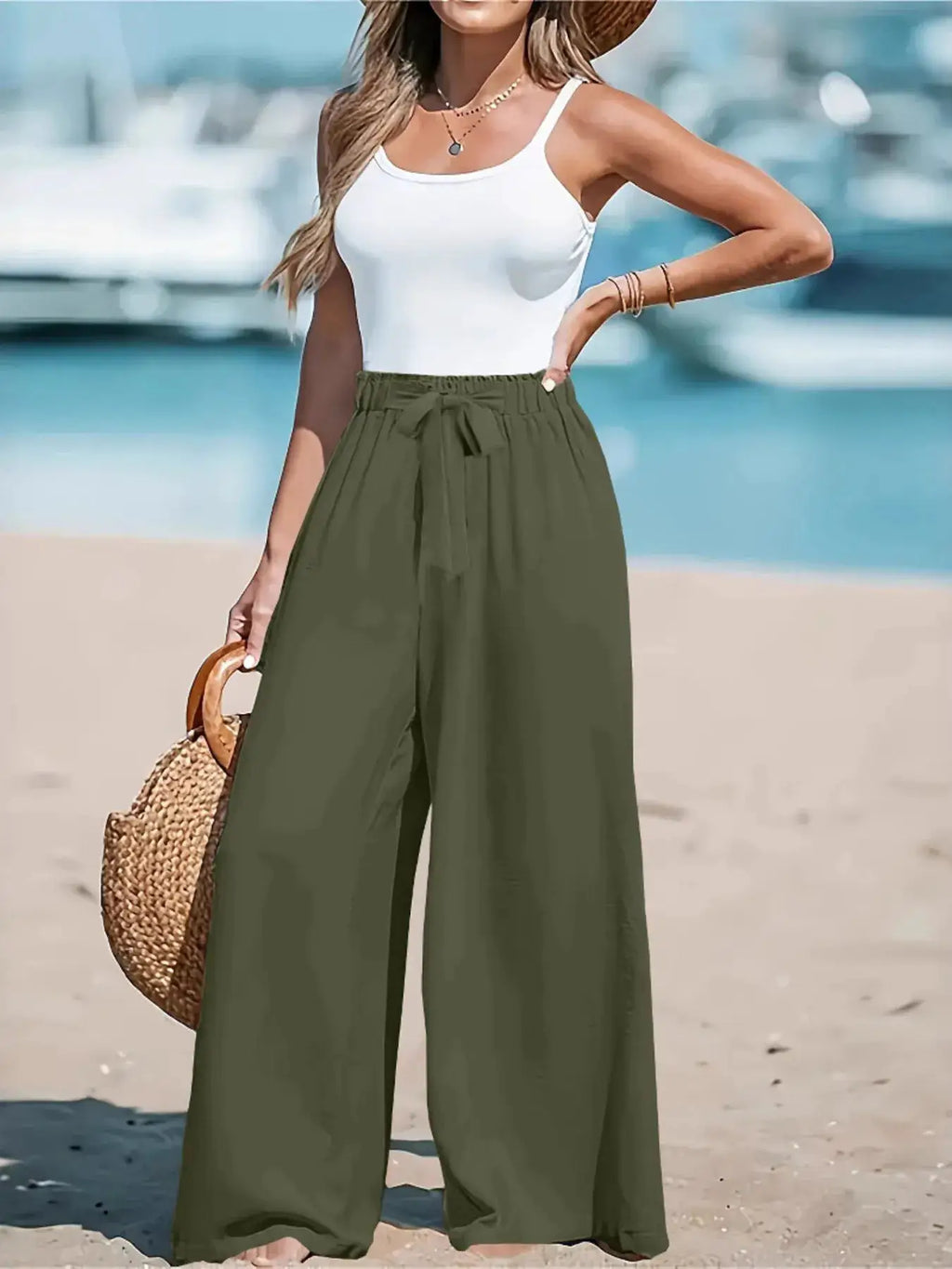 Full Size Drawstring Waist Wide Leg Pants in olive green