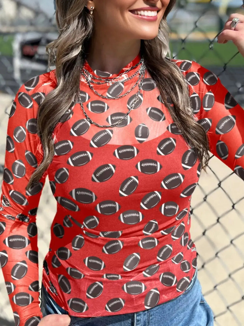 Game Day Mesh Sheer Long Sleeve Top, red with allover football print