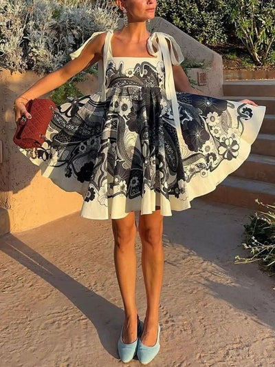 Printed Tie Shoulder Mini Dress For Women Effortless Chic Summer Warm Weather Essential
