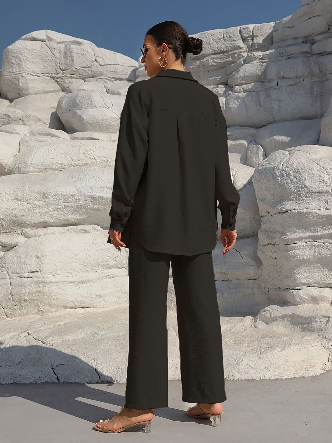Button Up Long Sleeve Shirt and Pants Set, black 2-piece outfit