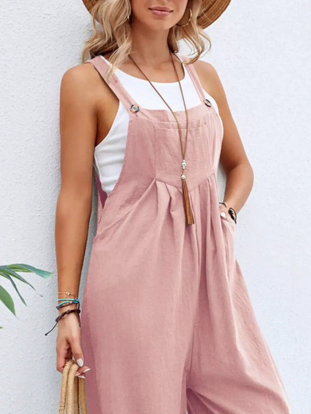Pink wide-leg overalls with pockets by Belle Bijouix, plus-size one-piece