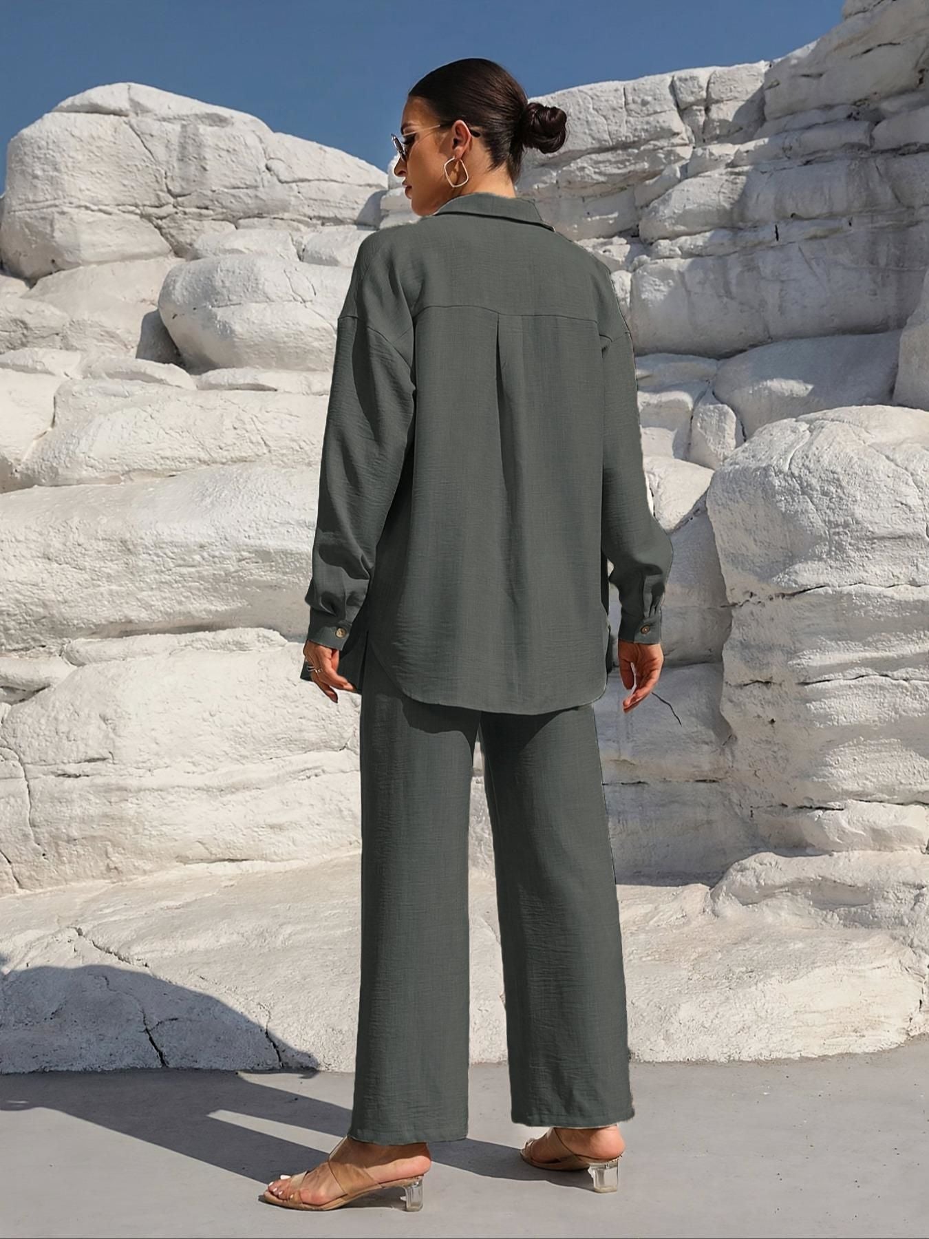 Button Up Long Sleeve Shirt and Pants Set by Trendsi in sage green.
