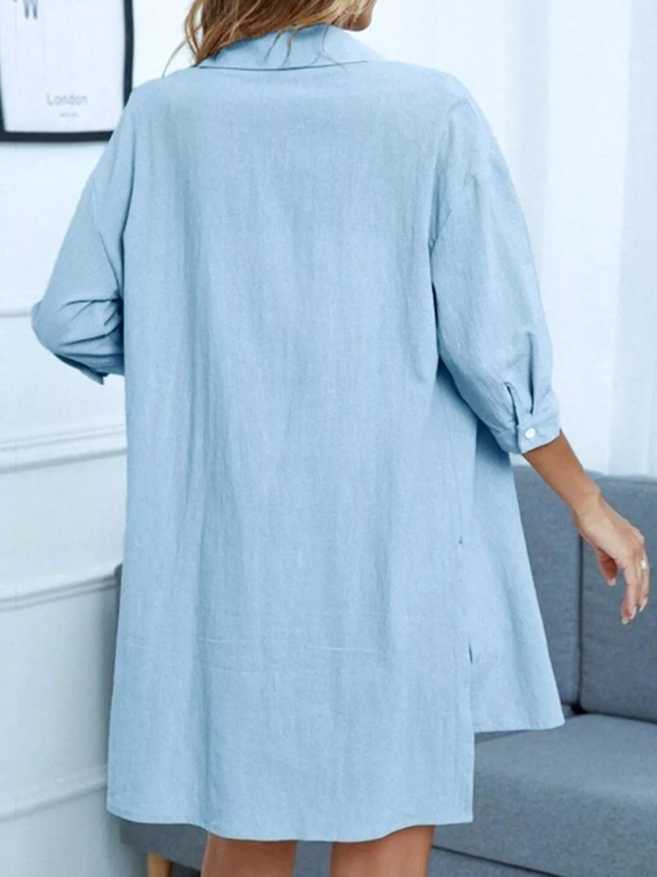 Button-Down Shirt & Shorts Set in light blue linen-like fabric, back view