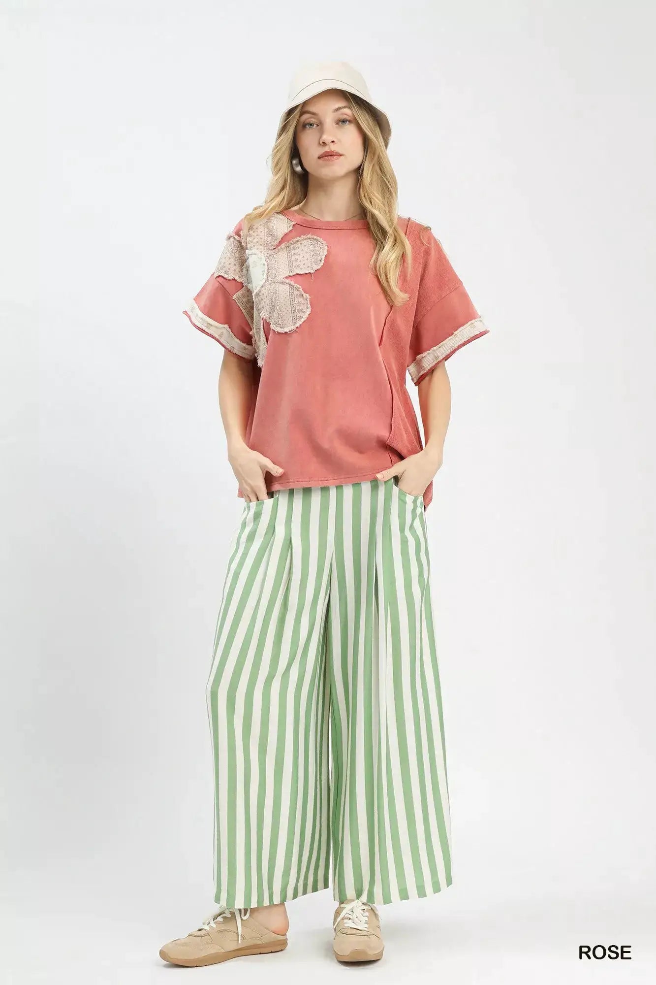 Umgee French Terry Top with Flower Patch on left chest in rose pink, relaxed fit.