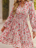 Floral Print Flounce Sleeve Ruffle Hem Dress by Belle Bijouix; pink blossoms, smocked waist