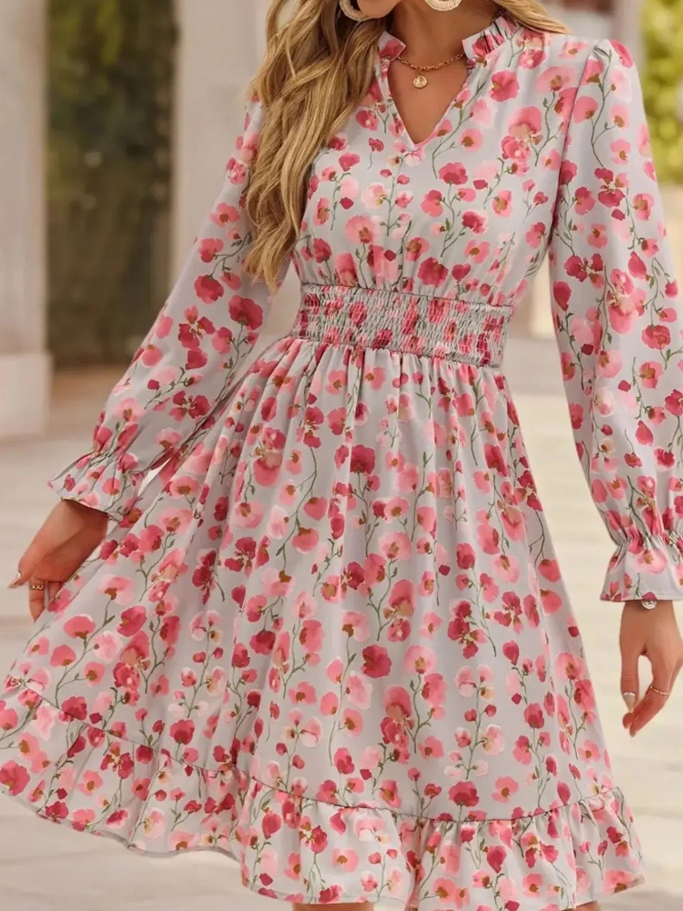 Floral Print Flounce Sleeve Ruffle Hem Dress by Belle Bijouix; pink blossoms, smocked waist