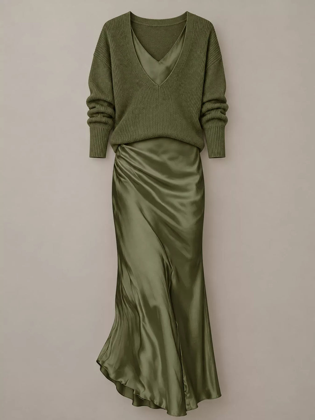 V-Neck Sweater & Satin Slip Maxi Dress Set in Dark Green by Belle Bijouix – view 4 of 41