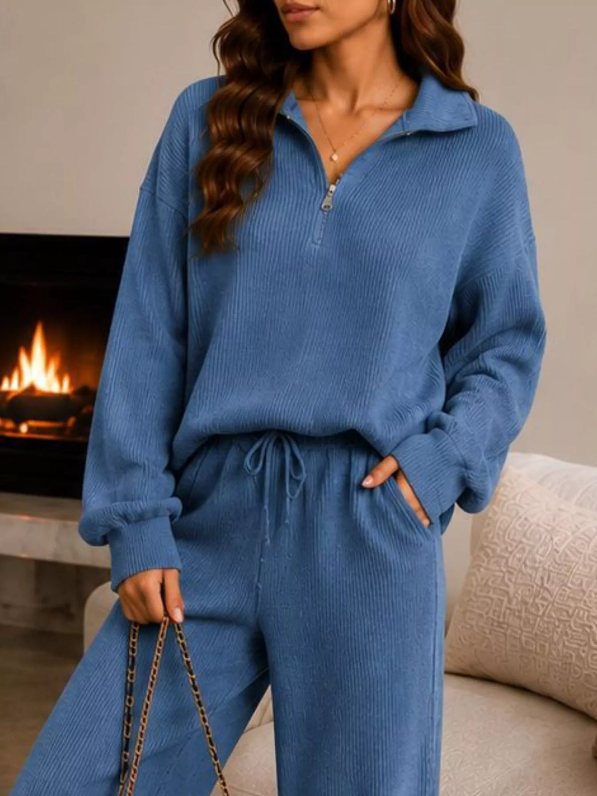 Ribbed Knit Quarter-Zip & Wide-Leg Pants Set by Belle Bijouix – view 4 of 16