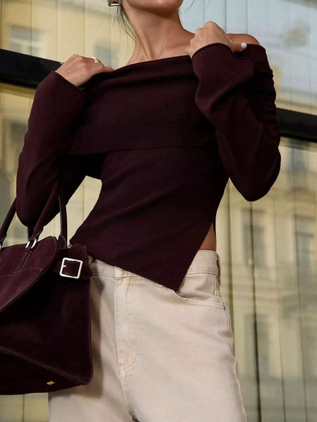Belle Bijouix burgundy asymmetrical-hem off-shoulder knit top with long sleeves