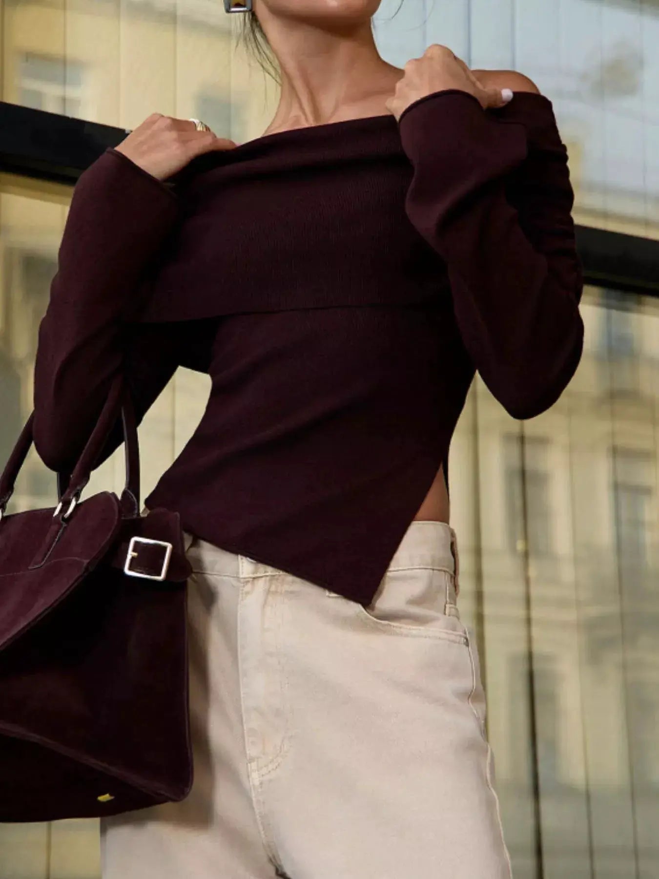 Belle Bijouix burgundy asymmetrical-hem off-shoulder knit top with long sleeves