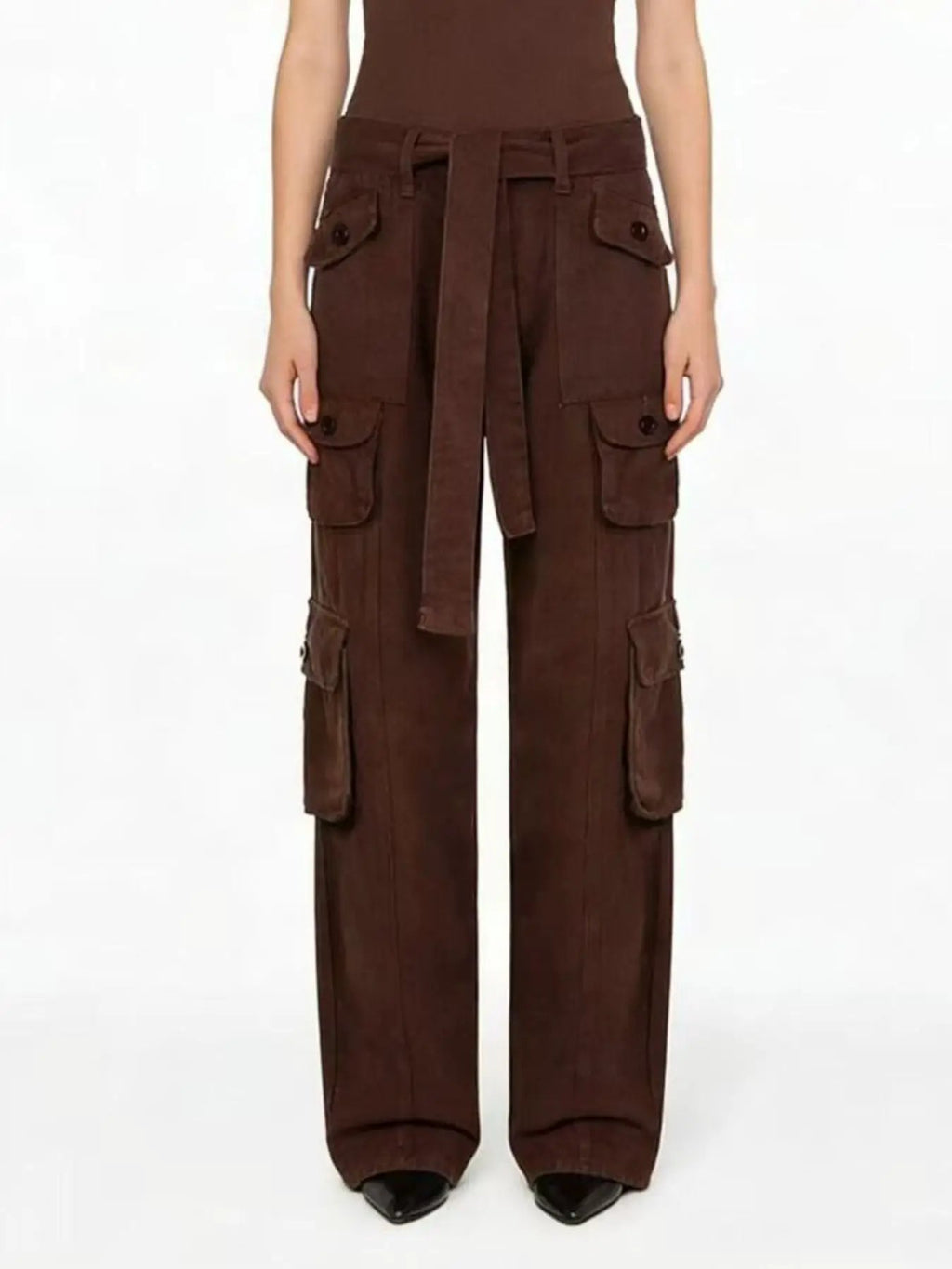 Wide Leg Cargo Jeans by Belle Bijouix in brown with belt tie and multiple front/side cargo pockets on the legs.