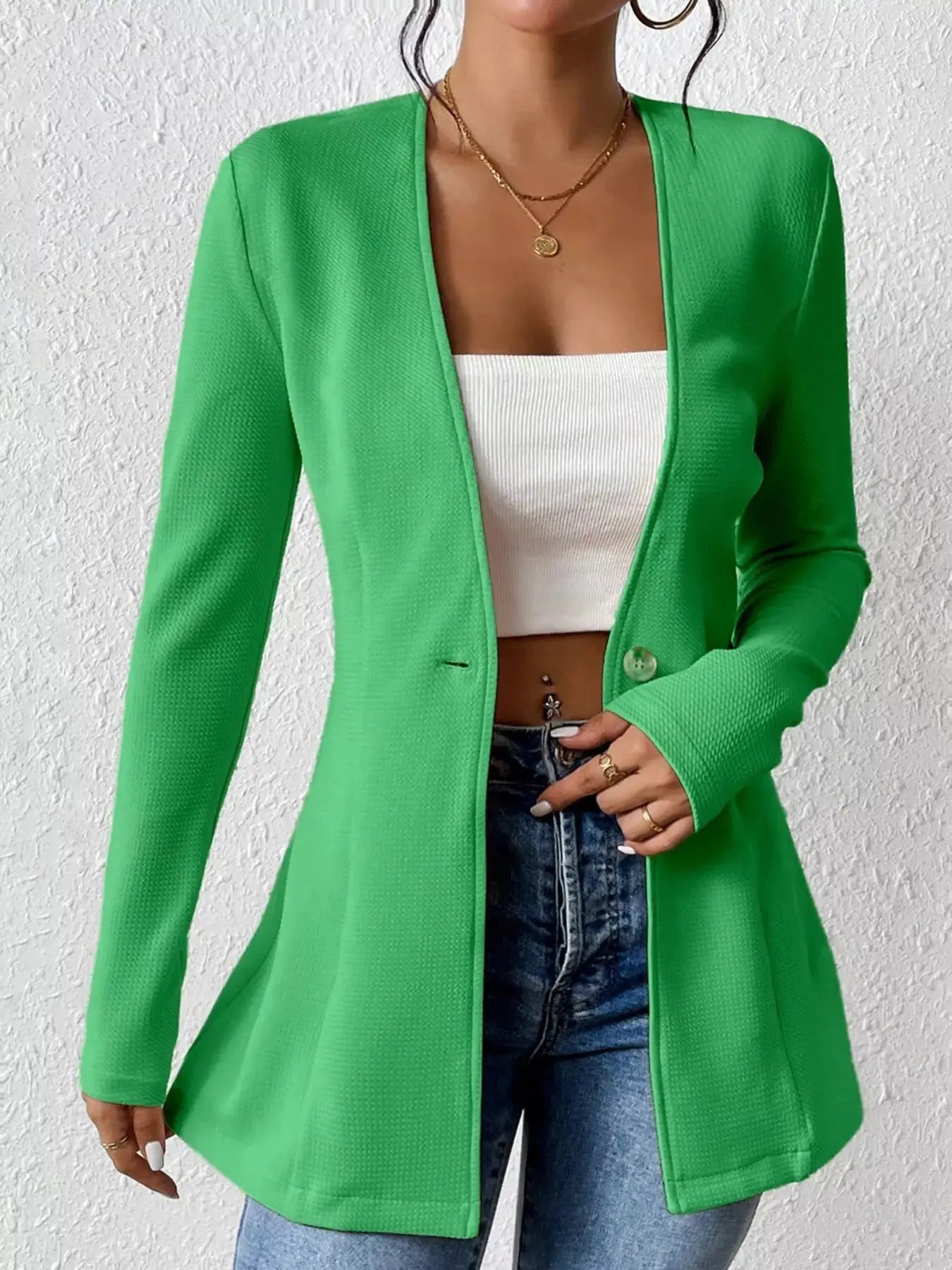 Single-Button Long Sleeve Blazer in bright green by Belle Bijouix, open-front over white crop top