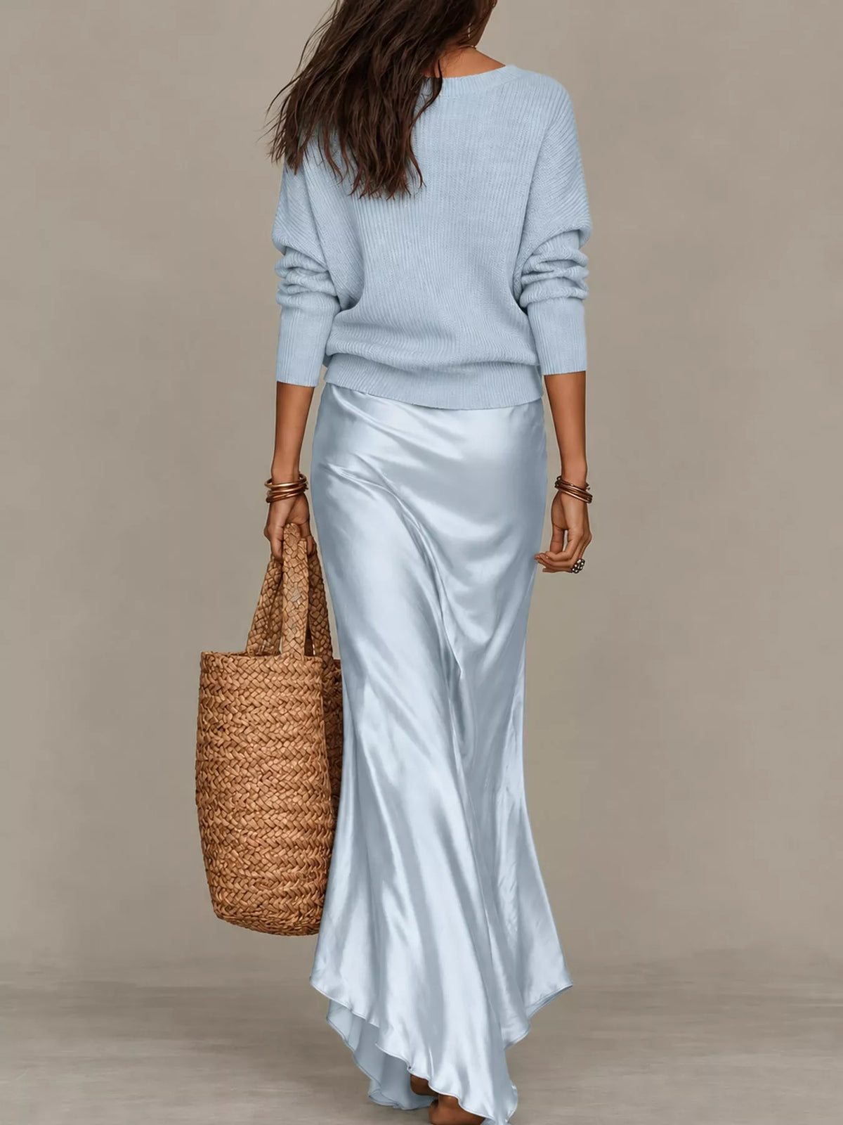 V-Neck Sweater & Satin Slip Maxi Dress Set in Light Blue by Belle Bijouix – view 19 of 41