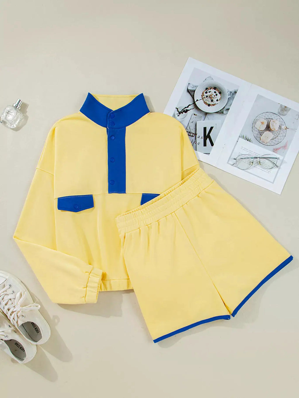 2pc color-block active wear set: Belle Bijouix yellow top with blue placket and matching shorts.