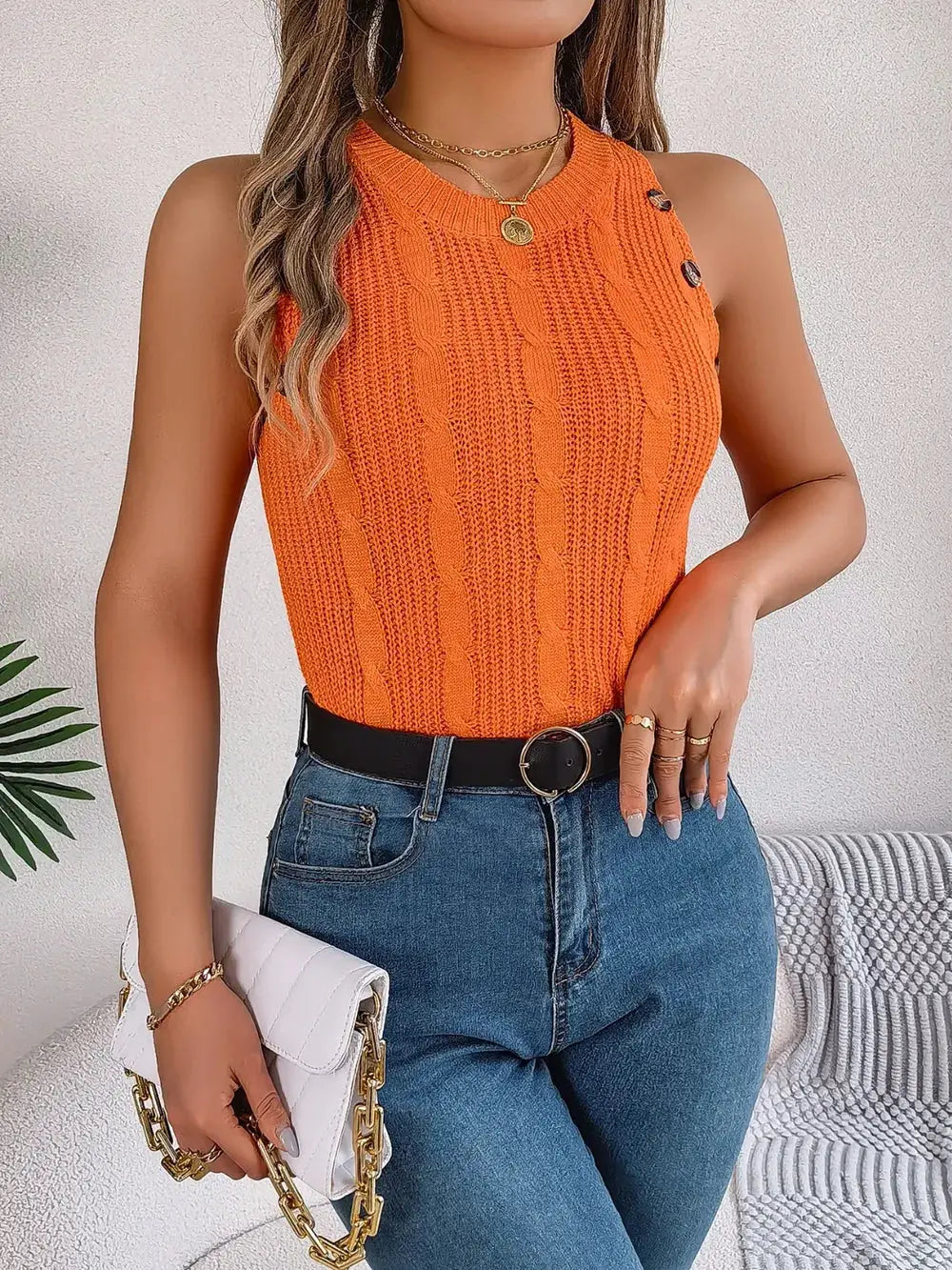 Cable-Knit Round Neck Vest top in orange by Belle Bijouix; sleeveless knit with a classic cable pattern.