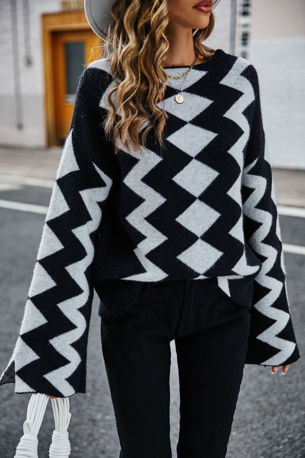 Sweater Angel Wings Geometric Slit Flare Sleeve Round Neck by Belle Bijouix in black and gray