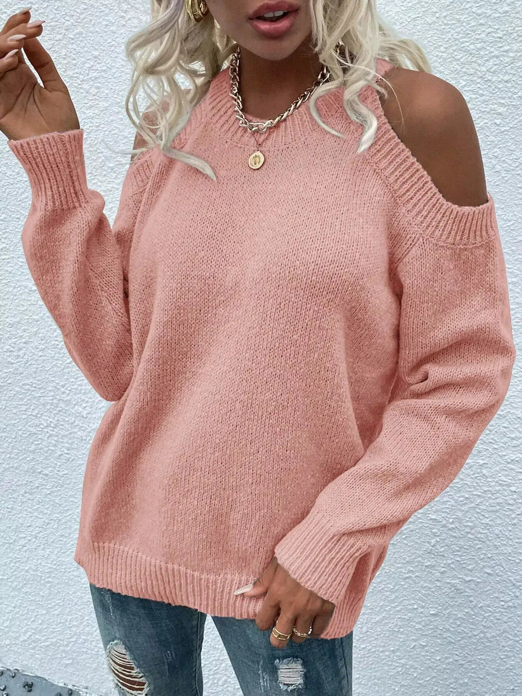Cold Shoulder Knit Sweater by Belle Bijouix in pink, basic knit style