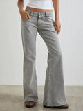 Low rise flare-leg jeans in light gray denim with pockets and buttoned details