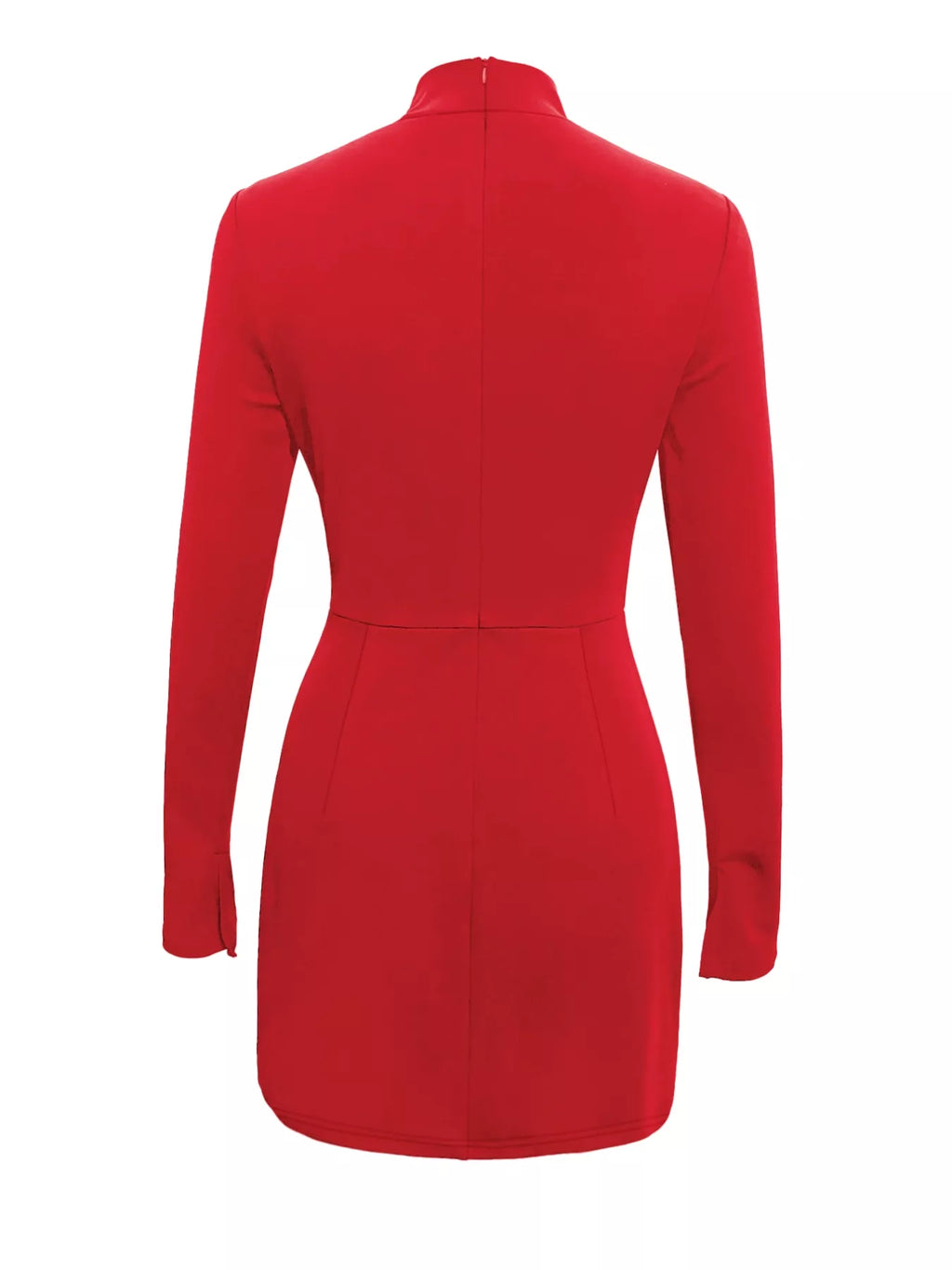 Mock Neck Long Sleeve Bodycon Dress in red by Belle Bijouix, back view with fitted waist seam.