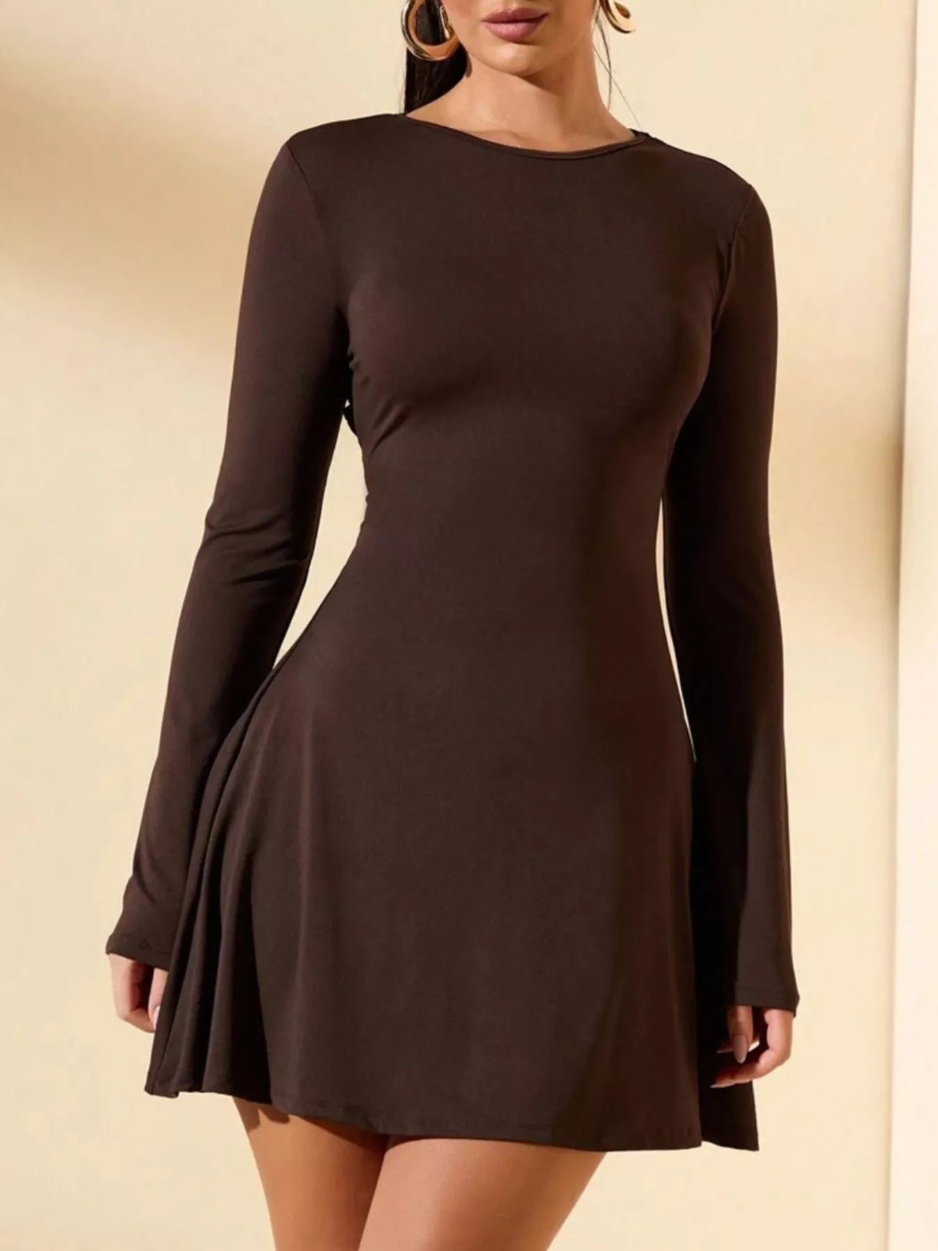 Round Neck Long Sleeve Mini Dress in dark brown with tied side detail