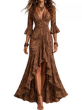 Floral Surplice High-Low Ruffle Maxi Dress in Dark Brown by Belle Bijouix – view 1 of 20