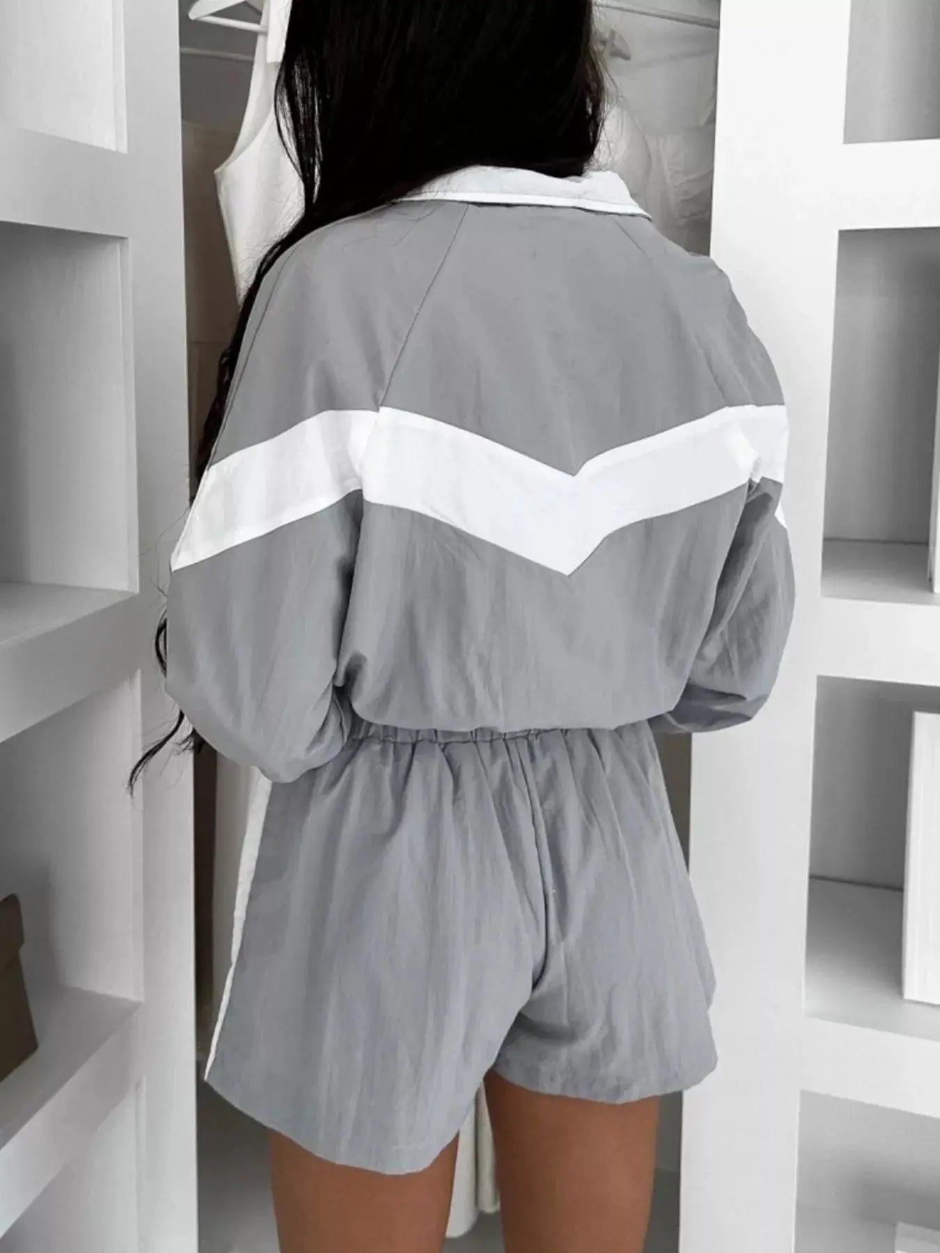 Zip-Up Long Sleeve Outerwear & Shorts Set by Bellebijouix, gray with white chevron stripe
