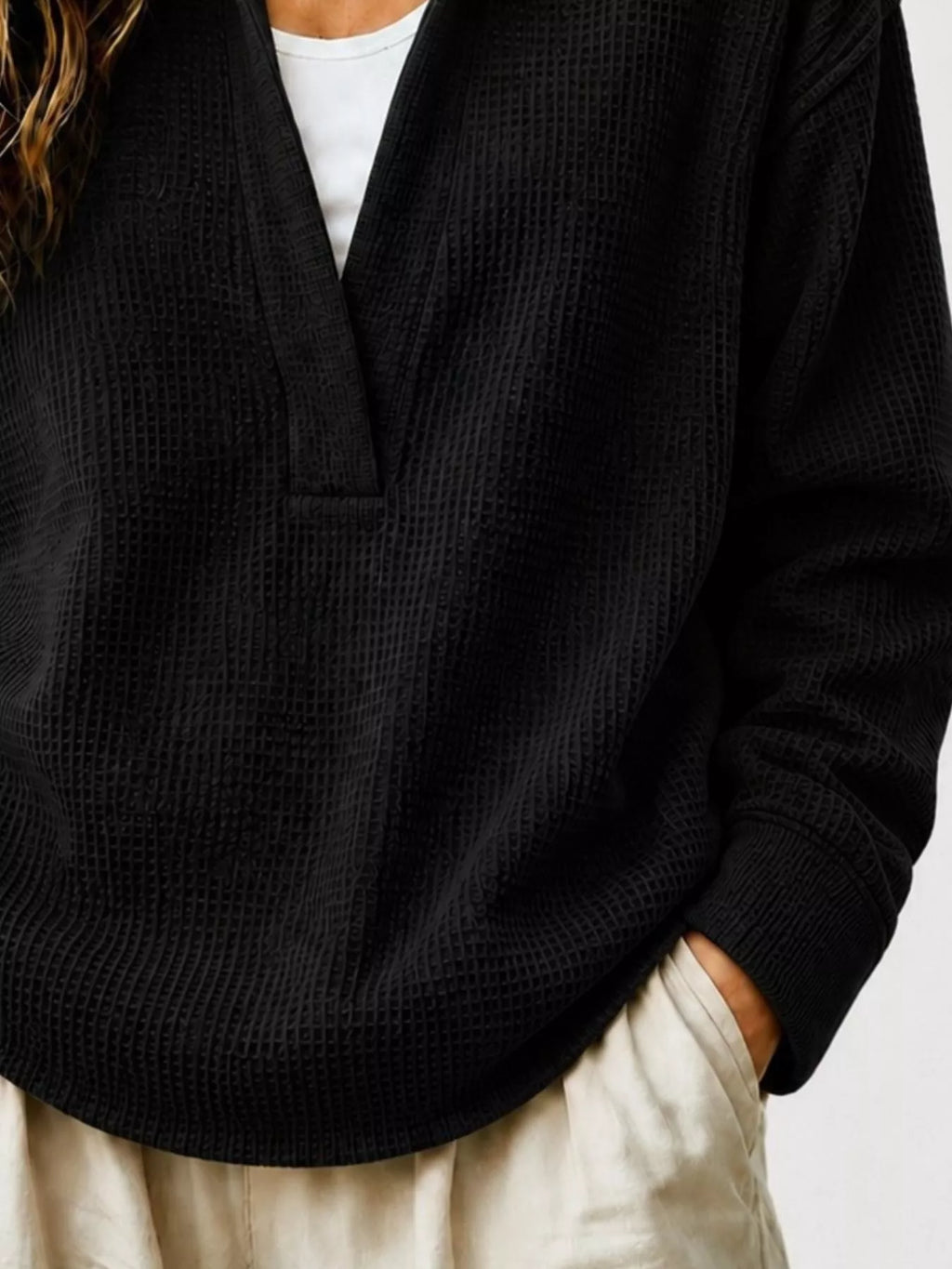 Waffle Knit Dropped Shoulder Sweatshirt