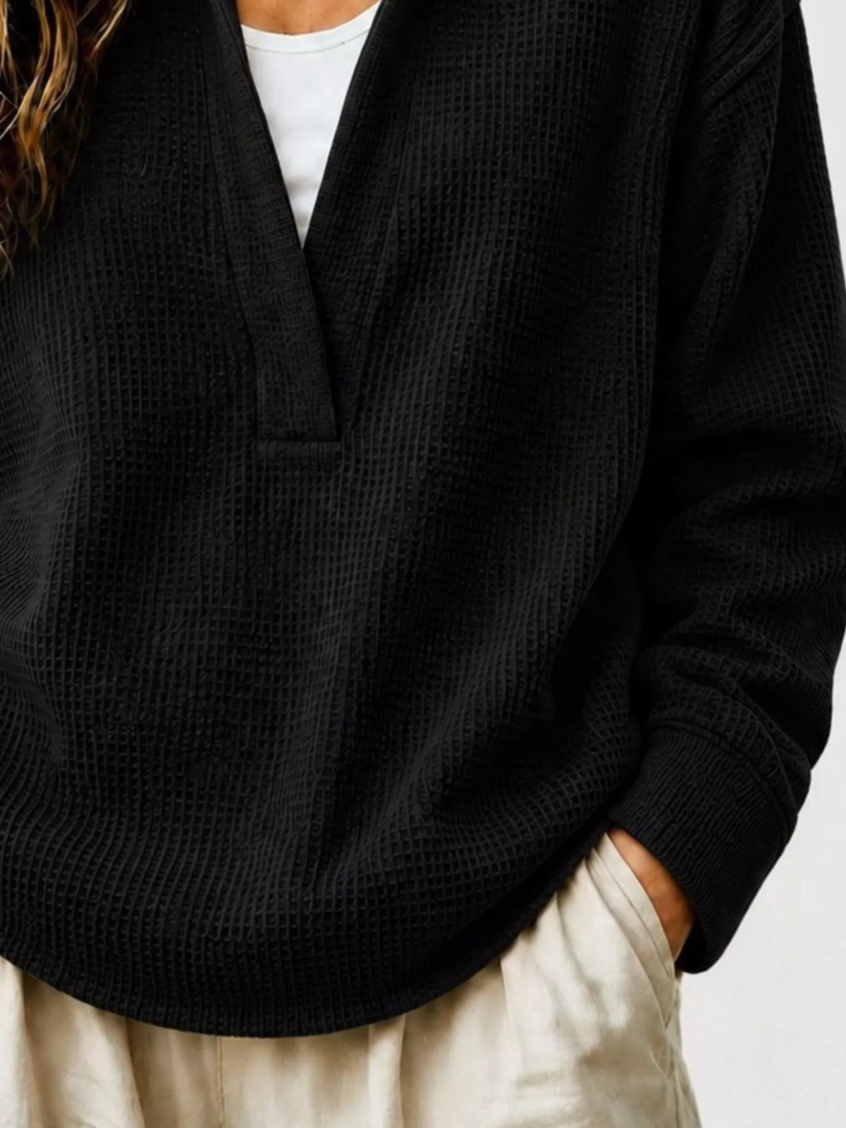 Waffle Knit Dropped Shoulder Sweatshirt