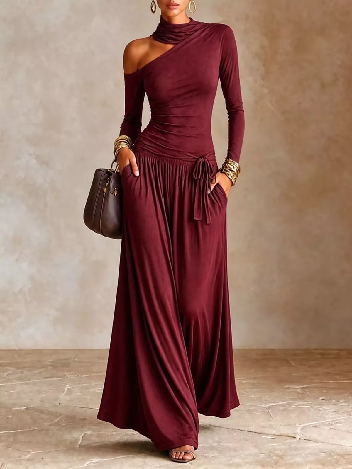 Asymmetric Cutout Long Sleeve Maxi Dress in Burgundy by Belle Bijouix – view 6 of 11