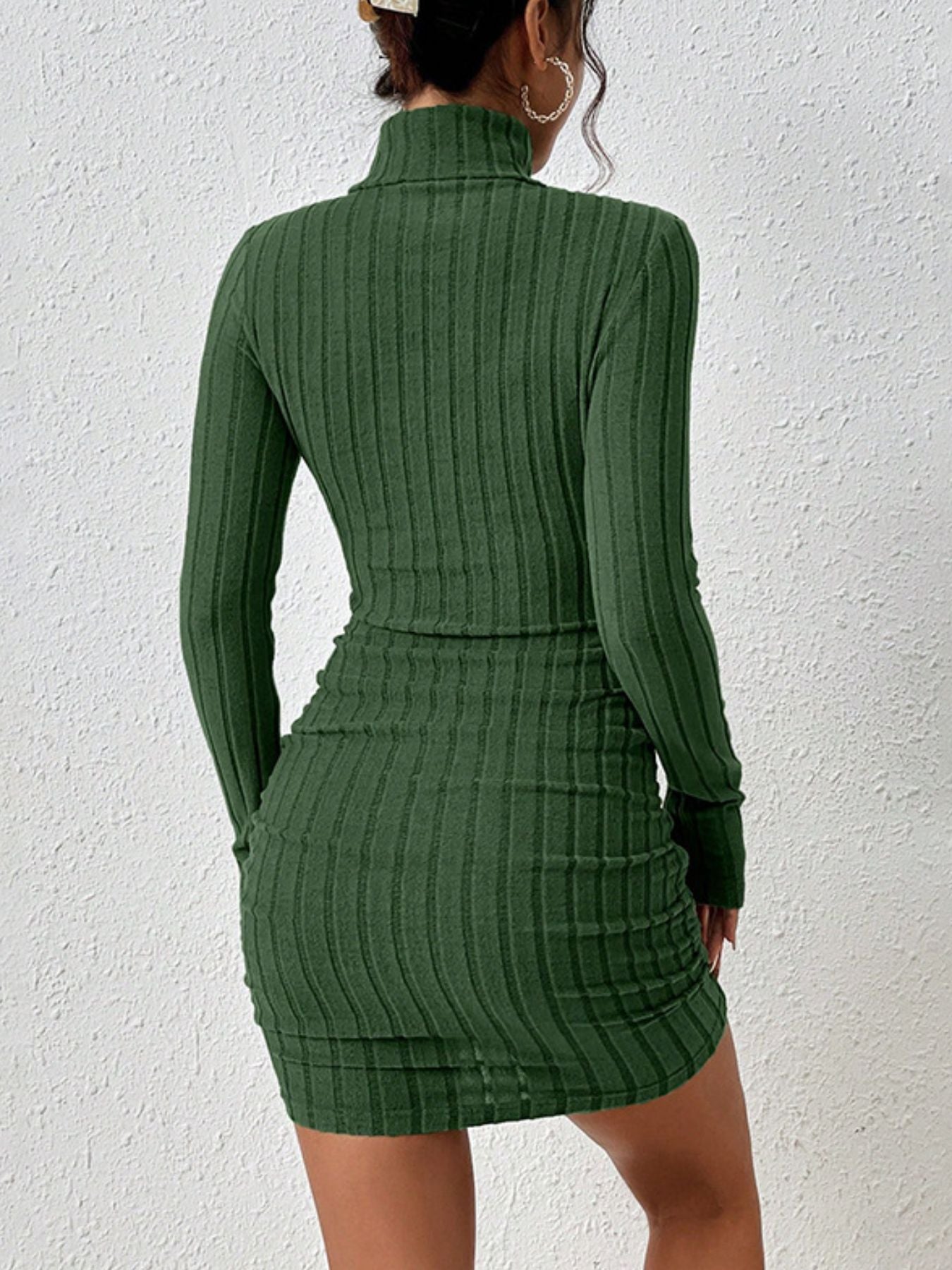 Turtleneck ribbed bodycon mini dress in green by Trendsi, back view
