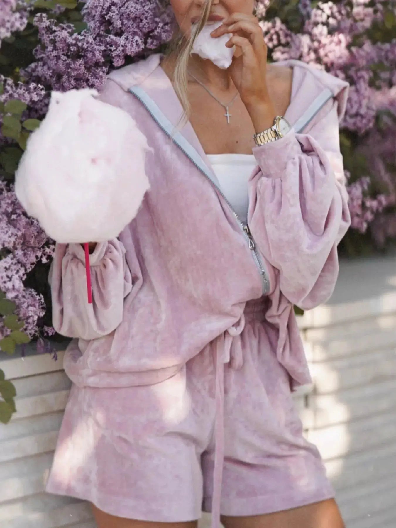 Belle Bijouix zip-up hoodie and shorts activewear set in lavender pink; two-piece workout outfit.