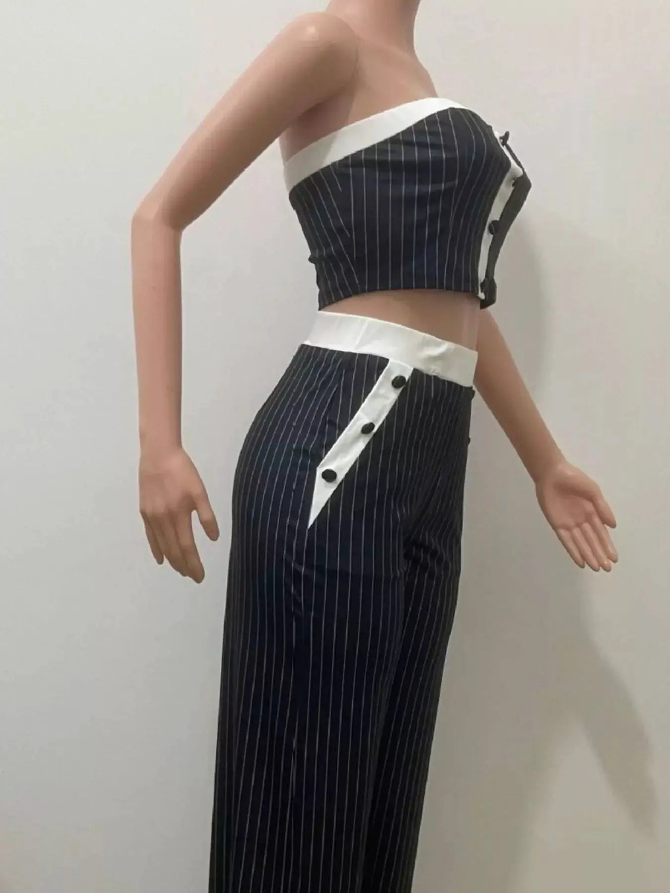Outfit set: Striped strapless crop top and wide-leg pants in navy with white trim, Belle Bijouix