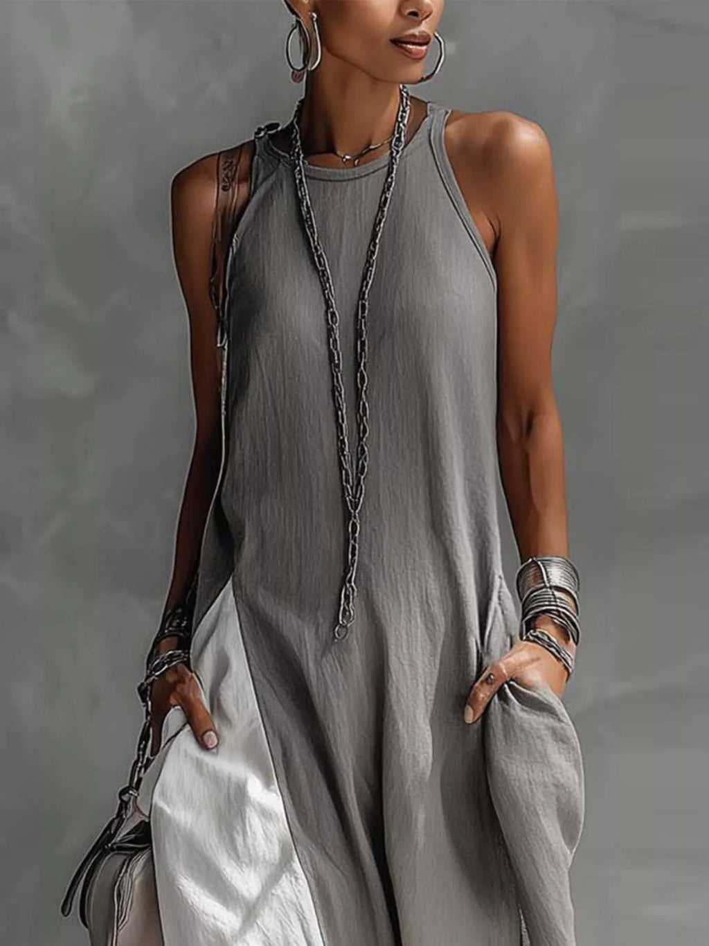 Two-Tone Sleeveless Maxi Dress by Trendsi, grey color-block design.