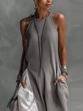 Two-Tone Sleeveless Maxi Dress by Trendsi, grey color-block design.