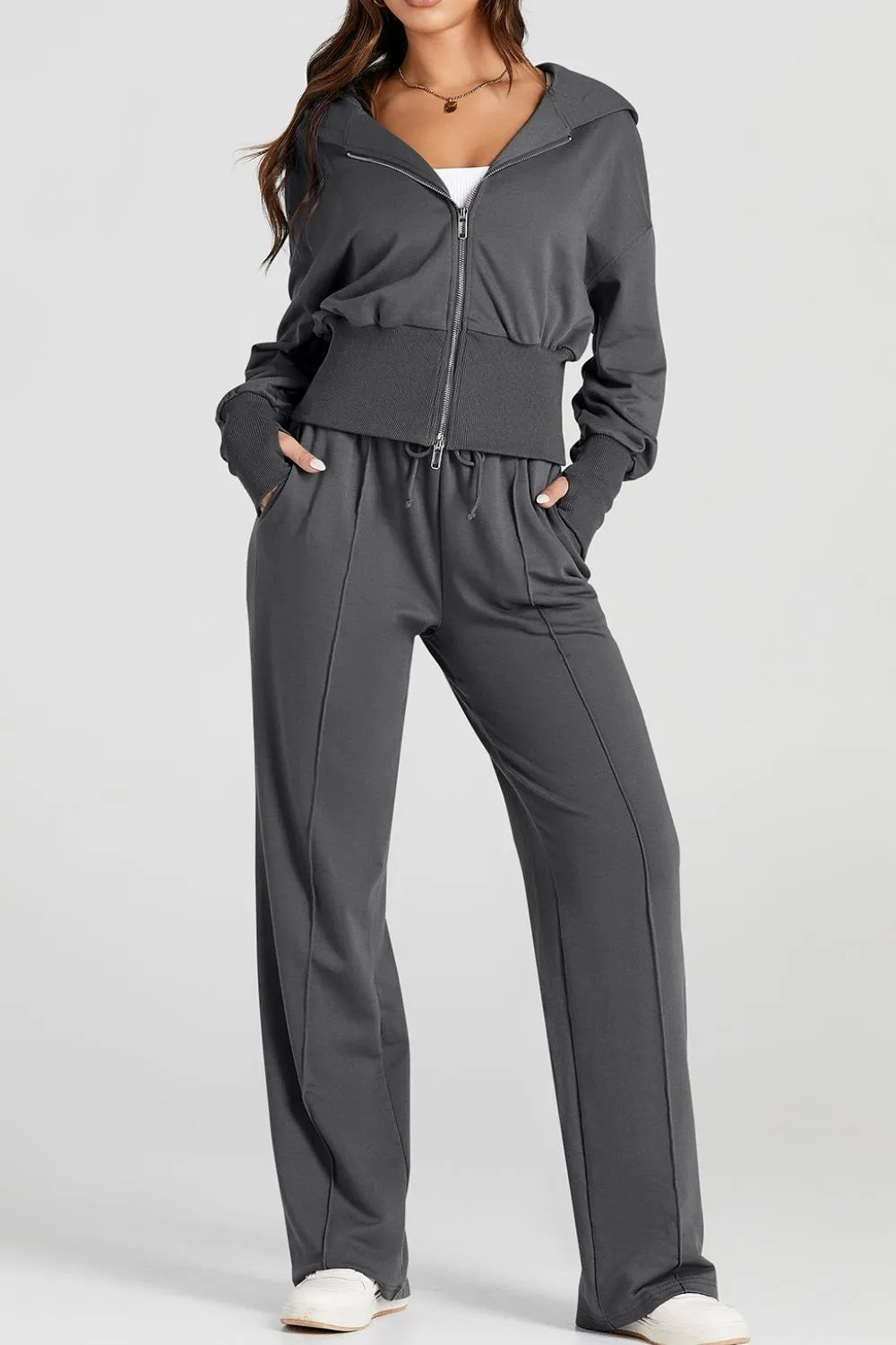 Zip-Up Hoodie and Pants Active Set in gray with drawstring waist and ribbed cuffs